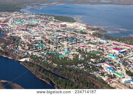 Aerial View Of Novoagansk Town, Tyumen Region, Russia, Which Located On The Bank Of The Siberian Riv