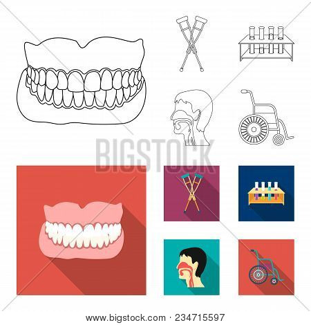 Crutch, Tripod With Test Tubes, Wheelchair, Human Respiratory System. Medicine Set Collection Icons 