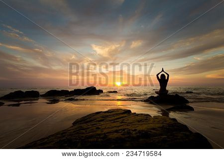Tropical Summer Yoga Session On Beautiful Sunset Beach, Koh Kradan Island In Thailand. Vriksha Asana