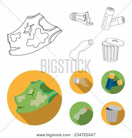 Broken Light Bulb, Used Batteries, Breaking A Plastic Bottle, Garbage Can With A Sign.garbage And Tr