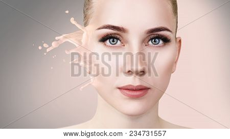 Foundation Splashes On Beautiful Woman's Face.