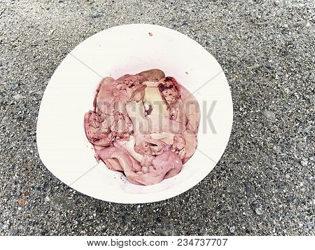 The Close Up Shot Of A Fish Guts In Plastic Bowl. Fish Fresh Livers