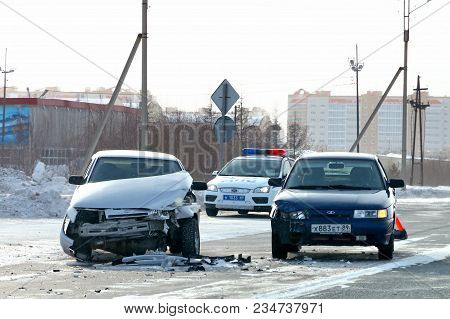 Novyy Urengoy, Russia - March 31, 2018: Accident With Two Cars Lada 110 In The City Street.