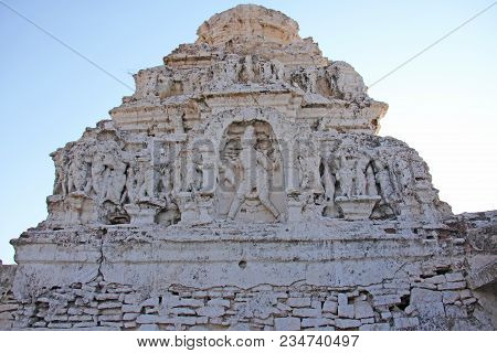 White Temple On Matanga Hill In Hampi. White Stone Carving Bas-reliefs.