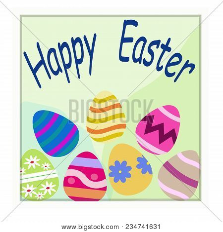 Happy Easter Template With White Frame And Eggs. Vector Poster With Eggs