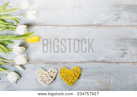 Flowers Composition. Frame Made Of White Flowers On Blue Background