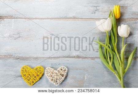 Flowers Composition. Frame Made Of White Flowers On Blue Background