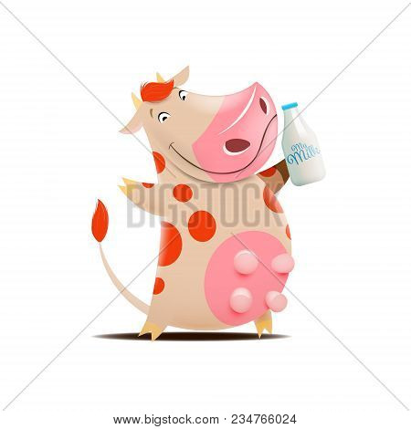 Vector Illustration Of Cow Holding Milk Botle. Eps 10 File.
