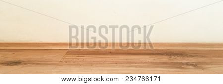 Room Wood Floor Perspective, Grunge Pastel Painted Concrete Wall And Varnished Wooden Laminate Plank