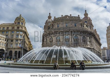 Genoa, Italy - March 9, 2018: Unidentified People On The Piazza De Ferrari In Genoa, Italy. Piazza D
