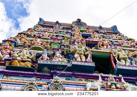 Colorful facade of Arul Mihu Navasakthi Vinayagar temple in Mahe island, Victoria city Seychelles