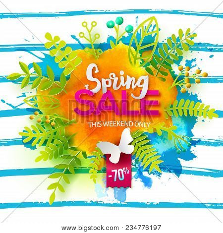 Spring Sale Message On Green Leaves And Orange Watercolor Blot On Linear Background. Paper Art Cut O