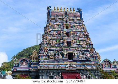 Colorful facade of Arul Mihu Navasakthi Vinayagar temple in Mahe island, Victoria city Seychelles