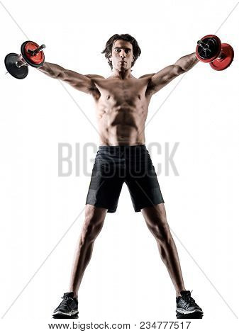 one caucasian man fitness weitghs training exercises studio in silhouette isolated on white background