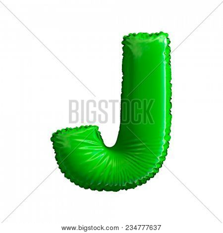 Green letter J made of inflatable balloon isolated on white background. 3d rendering