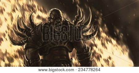 Ugly Monster In Armor Against The Backdrop Of Fire. Genre Of Fantasy.