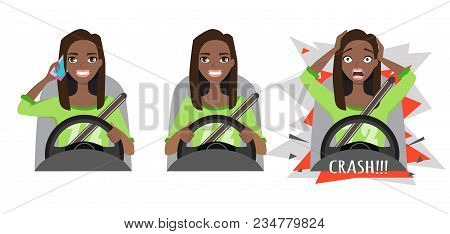 Don T Talk While Driving The Black African American Woman Had An Accident. Woman Holding Mobile Phon