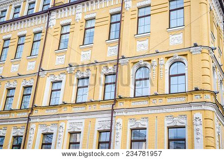 Windows Of An Old House On Whole Frame. Horizontal Frame
