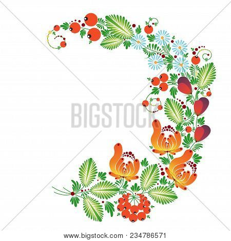 Traditional Ukrainian Folk Ornament, Petrikovskaya Painting With Flowers (bulb, Raspberries) On A Wh