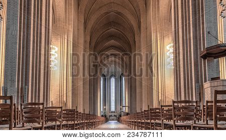 Copenhagen, Denmark - January 03, 2017: Interior Photography Of The Impressive Hall In Grundtvigs Ch