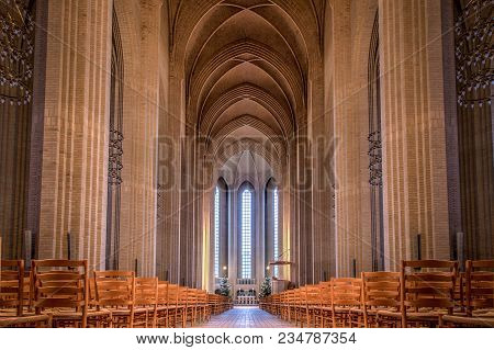 Copenhagen, Denmark - January 03, 2017: Interior Photography Of The Impressive Hall Of Grundtvigs Ch