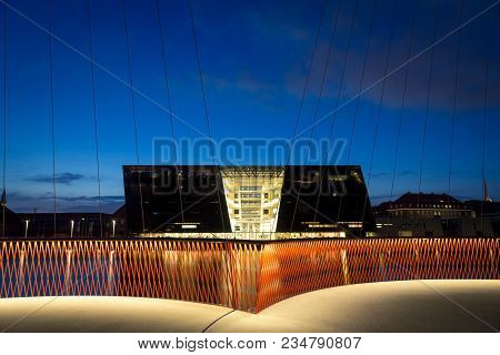 Copenhagen, Denmark - April 27, 2016: Nightshot Of The Royal Library As Seen From The Circle Brdige