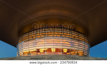 Copenhagen, Denmark - July 28, 2016: The Illuminated Opera House Designed By Henning Larsen Architec