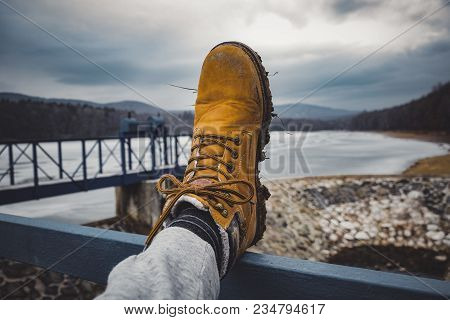 Man Resting On Perfect Scenic Overlook At Forest In Slovakia - Toned Photo. Man Relaxing And Enjoyin