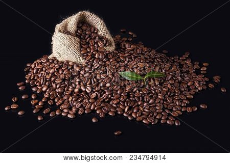Jute Bag On A Heap Of Coffee Beans With A Coffee Leaf On A Black Background