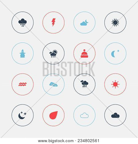 Set Of 16 Editable Air Icons. Includes Symbols Such As Sun, Electrical Discharge, Climate And More. 