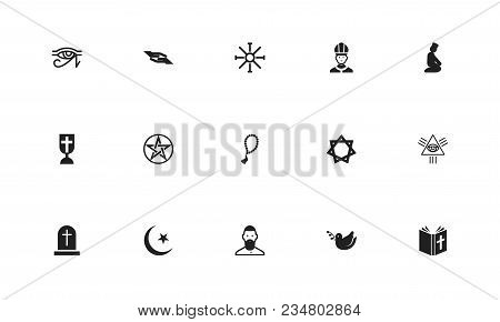 Set Of 15 Editable Faith Icons. Includes Symbols Such As Mullah, Blessing, Beads And More. Can Be Us