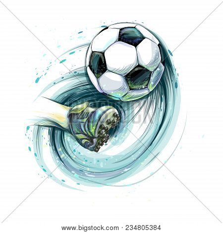 Kick A Soccer Ball. Leg And Football Ball From Splash Of Watercolors. Photo Illustration Of Paints