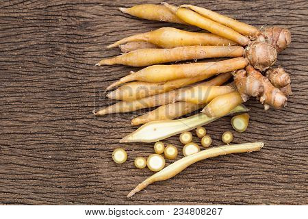 Finger Root Ingredients For Thai Cuisine And Thai Herb On Wooden Table