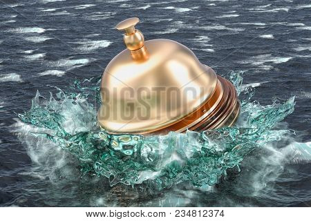 Service Problem Concept, Reception Bell Drowning In The Sea. 3d Rendering