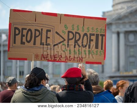 San Francisco, Ca - March 24, 2018: People Over Profit Sign At March For Our Lives Rally In San Fran