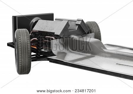 Chassis Frame Automobile Underbody With Wheel, Close View. 3d Rendering