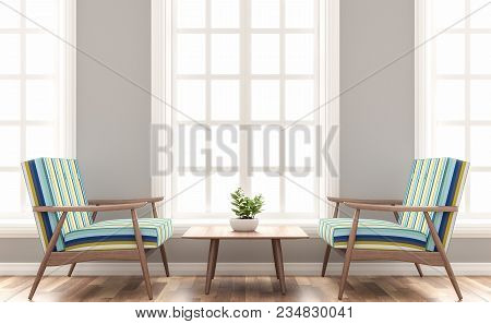 Scandinavian House Living Room 3d Render.the Rooms Have Wooden Floors And Gray Walls.furnished With 
