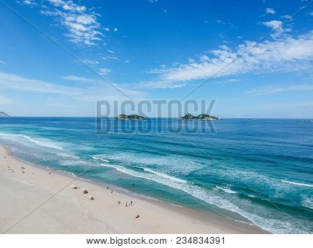 Drone Photo Of Barra Da Tijuca Beach With Ilhas Tijucas And Cagarras In The Background, Rio De Janei