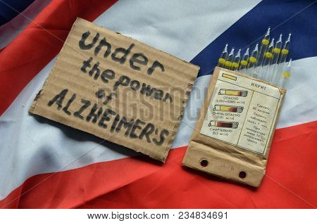 The scandal about poisoning of former spy Sergei Skripal. Concept.British Flag background. April 1, 2018 in Kiev,Ukraine