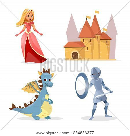 Vector Cartoon Medieval Fairy Tale Characters, Creatures Castle Set. Illustration Fantasy Knight Arm