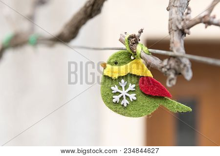 Small Green Handicraft Bird Made Of Felt Hanging On A Wire In Valun, Cres Croatia