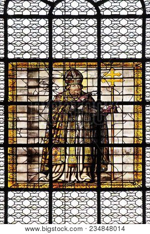 PARIS, FRANCE - JANUARY 04: Saint Sulpice, stained glass window in the Saint Sulpice Church, Paris, France on January 04, 2018.