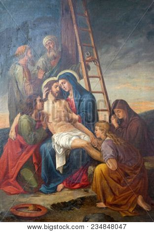 SISAK, CROATIA - DECEMBER 07: 13th Stations of the Cross, Jesus' body is removed from the cross, Church of Visitation of the Virgin Mary in Sisak, Croatia, on December 07, 2017.