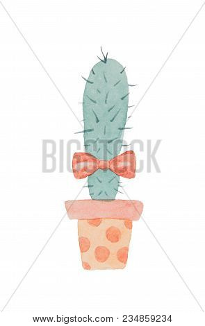 Funny Character Prickly Green Cactus In Bow-tie And In A Pot Painted In Watercolor On A White Backgr