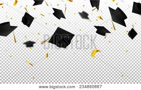 Graduate Caps And Confetti On A Transparent Background. Caps Thrown Up. Invitation Card With Diploma