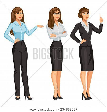 Woman In Business Suit With Glasses. Elegant Brunette Girl In Different Poses. Consultant Or Secreta