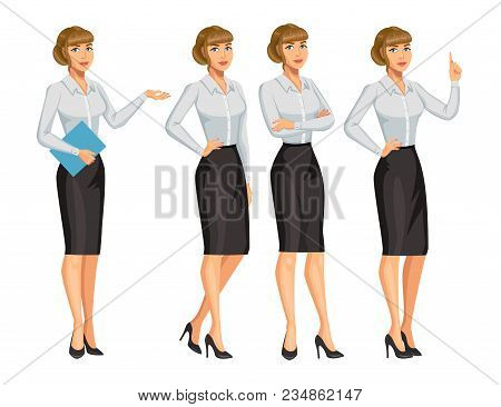 Woman In Business Style. Elegant Blond Girl In Different Poses. Consultant Or Secretary, Standing An