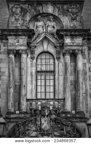 A Monochromatic Image Of An Ornate Town Hall Window In Clydebank, Scotland.