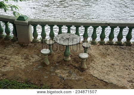 Bench Table Cement River Mud City Morretes Brazil Nobody