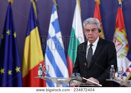 Belgrade, Serbia - 9 December 2017: Romanian Prime Minister Mihai Tudose Talks To The Media At A Pre
